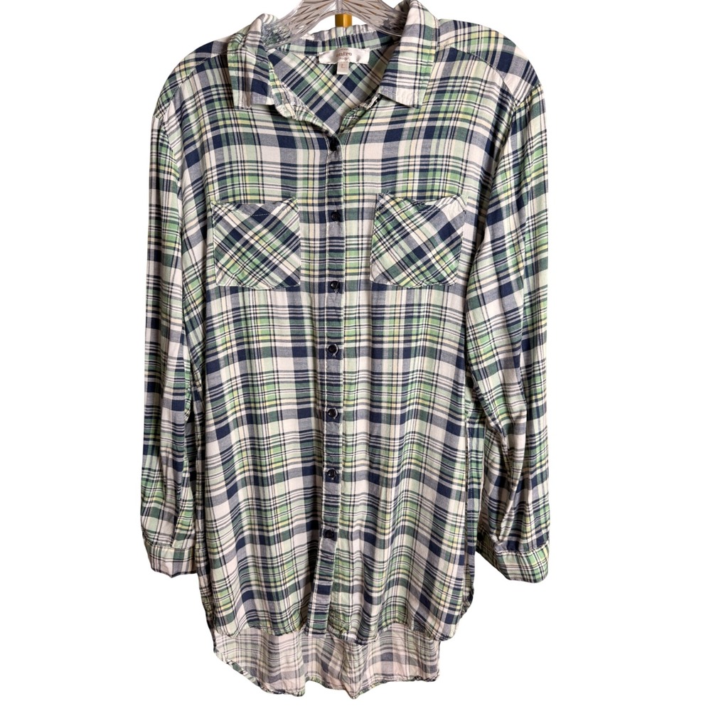 Entro Plaid Button Down Shirt‎ Womens Large Green Navy Rayon T4247